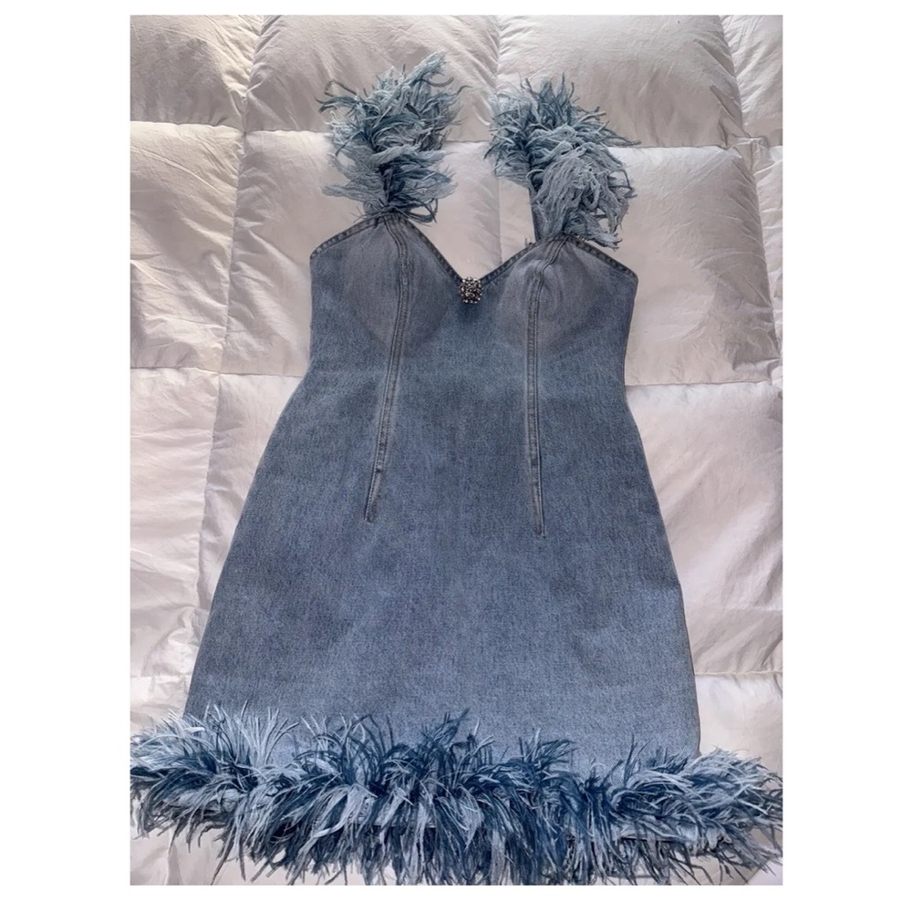 NWT Area Frayed Denim Feather Mini Dress